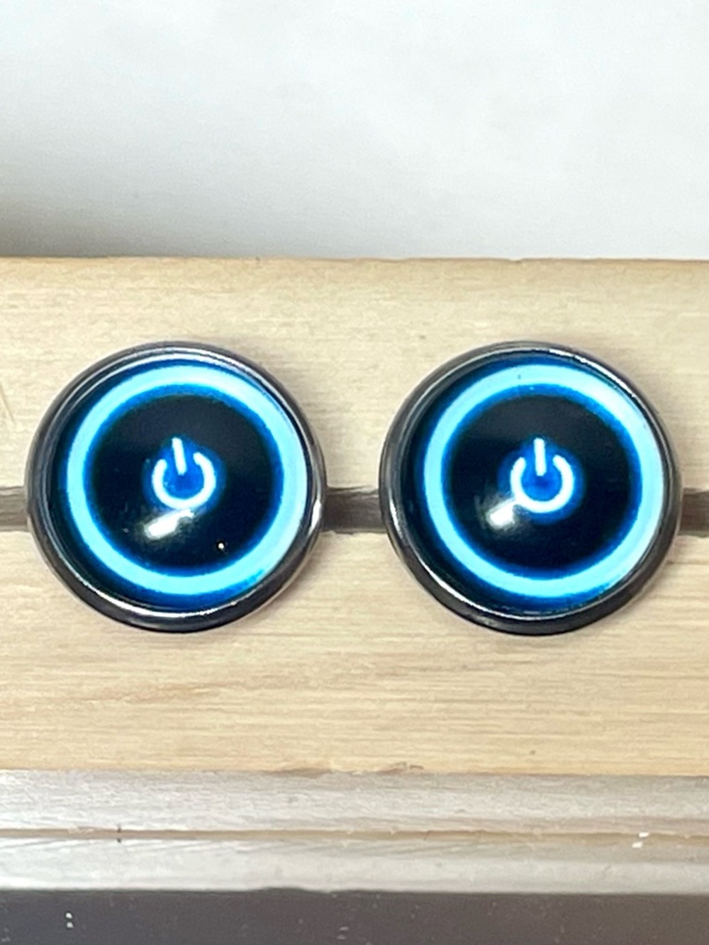 NEW Blue Power Button Round Cabochon Earrings | Humorous | Gifting